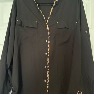 Black Button-Up Women's Shirt w Leopard Print Trim